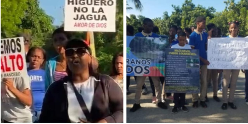 Bloqueo de calles Mata San Juan Mancebo, Gaspar González junta de vecinos El Higüero, reclamos Obras Públicas MOPC, transporte escolar El Higüero.
