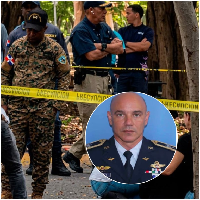 Agentes de la Policía Nacional y del Dicrim acordonan con cinta amarilla una zona boscosa del Parque Mirador Sur, con un recuadro que muestra la foto de perfil oficial en uniforme del coronel de la FARD Juan Benito Henríquez Taveras.