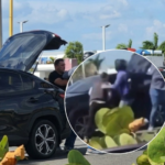 Captura de video aficionado que muestra el momento exacto en que un motociclista levanta un casco negro para golpear a una mujer junto a su vehículo en la Autopista Rafael Fernández Domínguez.