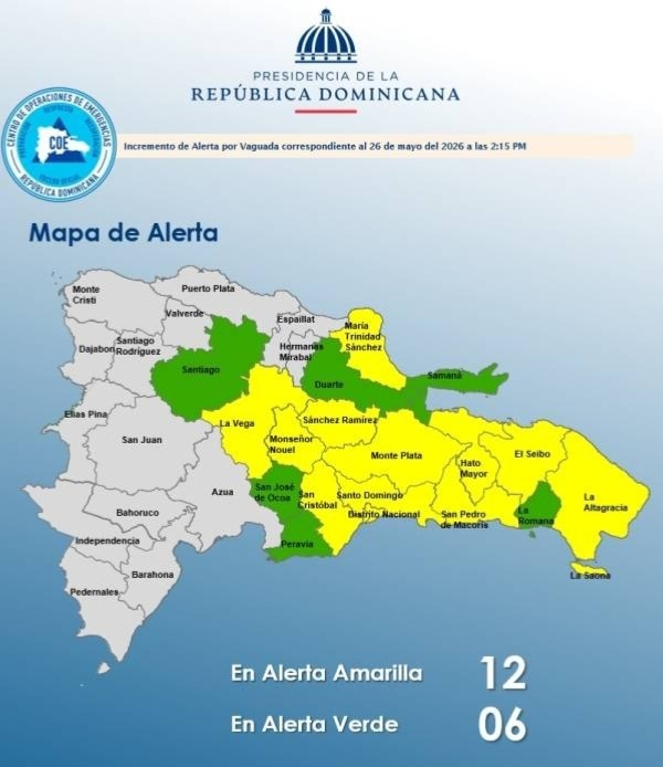 Mapa oficial de la República Dominicana emitido por el COE el 26 de mayo de 2026, mostrando 12 provincias coloreadas de amarillo (Alerta Amarilla) y 6 provincias coloreadas de verde (Alerta Verde).