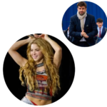 Composición visual que muestra en el lado izquierdo al exfutbolista Gerard Piqué con un traje azul y en el lado derecho a la cantante colombiana Shakira sonriendo.