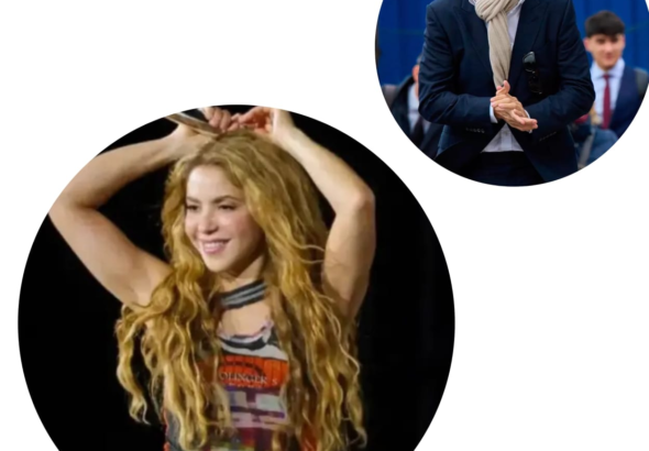 Composición visual que muestra en el lado izquierdo al exfutbolista Gerard Piqué con un traje azul y en el lado derecho a la cantante colombiana Shakira sonriendo.