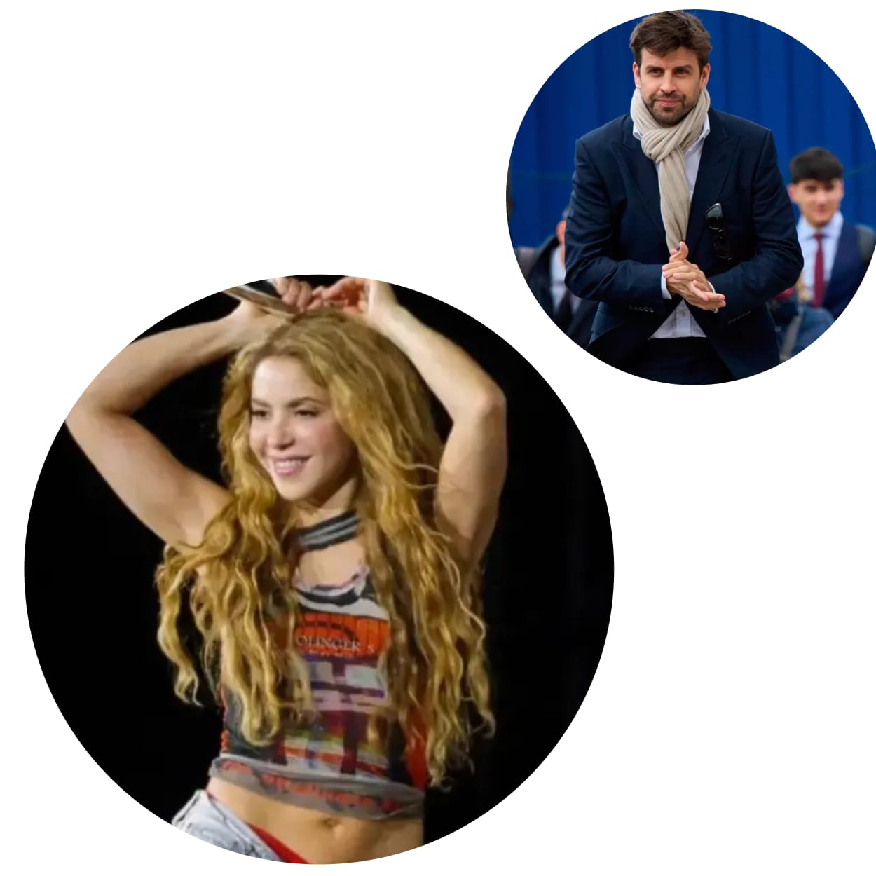 Composición visual que muestra en el lado izquierdo al exfutbolista Gerard Piqué con un traje azul y en el lado derecho a la cantante colombiana Shakira sonriendo.