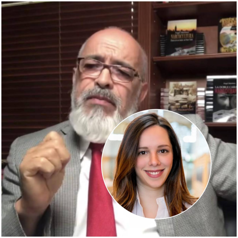 Composición fotográfica de archivo que muestra de un lado al comunicador Ángel Martínez ofreciendo declaraciones en una transmisión digital y del otro lado a la exviceministra Milagros De Camps Germán.