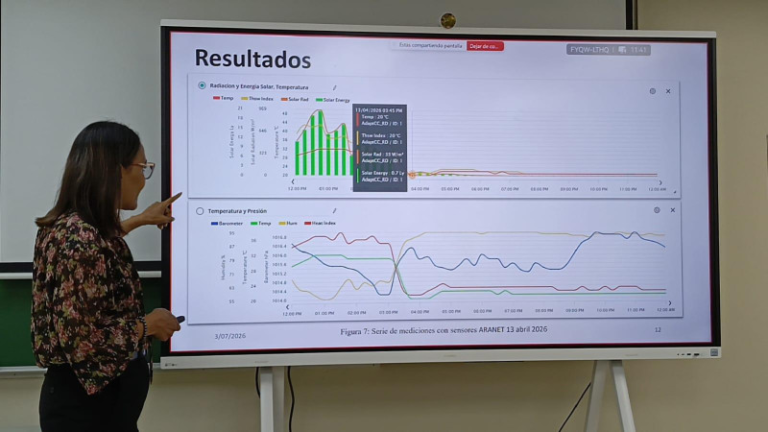 Estación meteorológica digital y sensores ambientales captando datos climáticos en tiempo real.