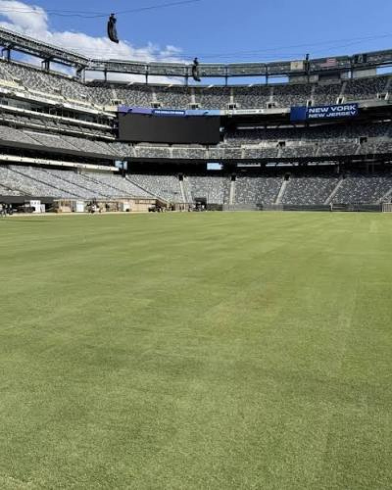Vista aérea del MetLife Stadium de Nueva Jersey preparado con el terreno de césped natural para la Copa del Mundo.