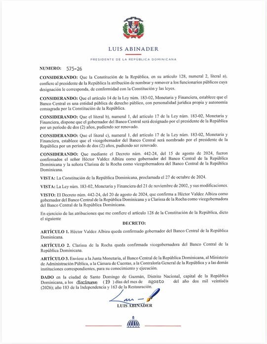 Abinader confirma a Héctor Valdez Albizu y Clarissa de la Rocha al frente del Banco Central