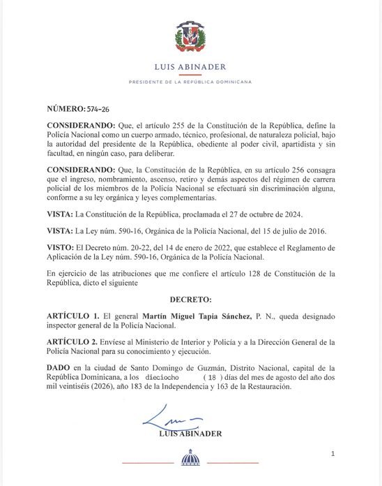 Abinader designa al general Martín Miguel Tapia Sánchez como inspector general de la Policía Nacional