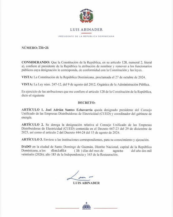 Presidente Abinader designa a Joel Santos como presidente del CUED y coordinador del Gabinete de Energía